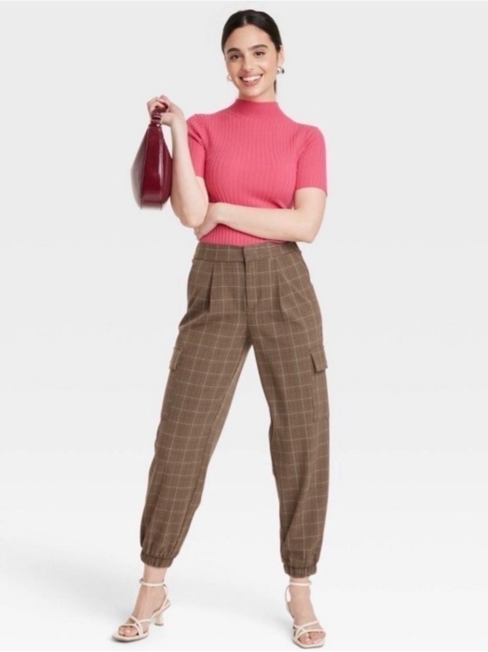 A New Day Brown Plaid Cargo Jogger Pants - Women